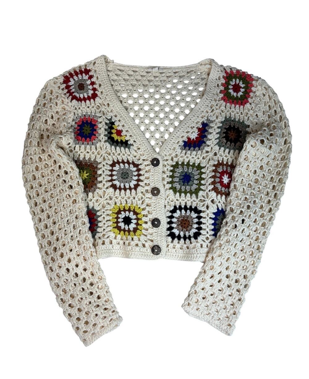 DEBUT WOMEN'S CROCHET CREAM GRANNY CARDIGAN SWEATER MEDIUM